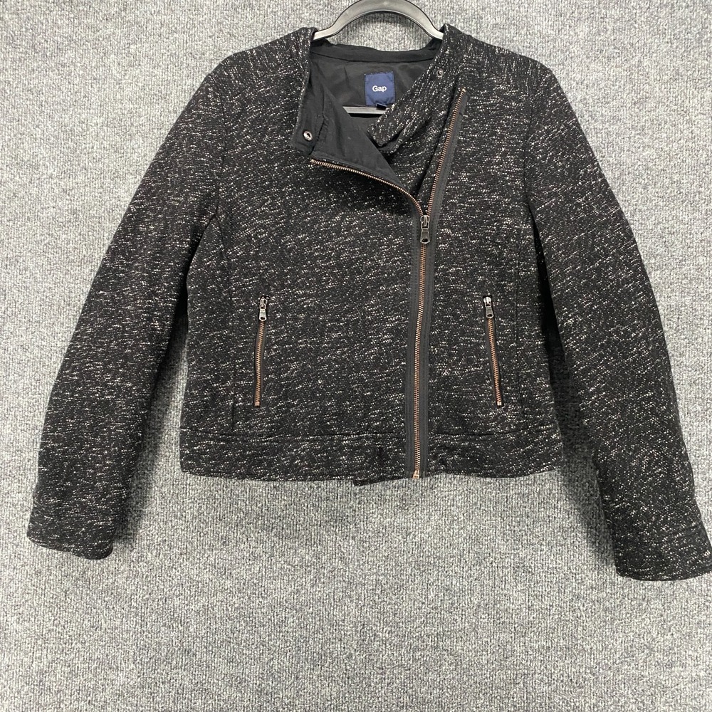 GAP Jacket Womens M Black Wool Blend‎ Full Zip Cropped Motor Classic